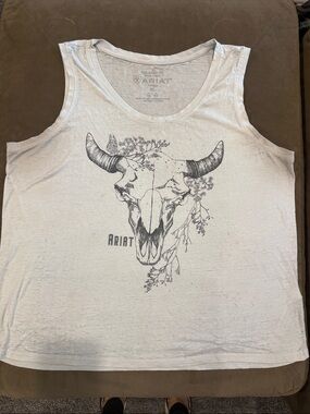 Ariat White Tank Top with Black Floral Bull Skull Graphic